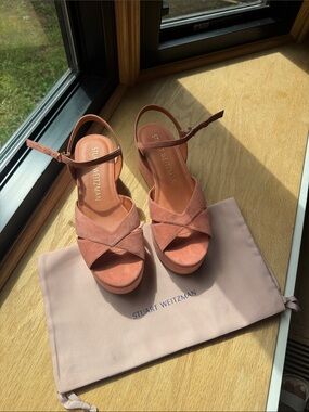 Stuart Weitzman Rose Suede Platform Sandals with Ankle Strap